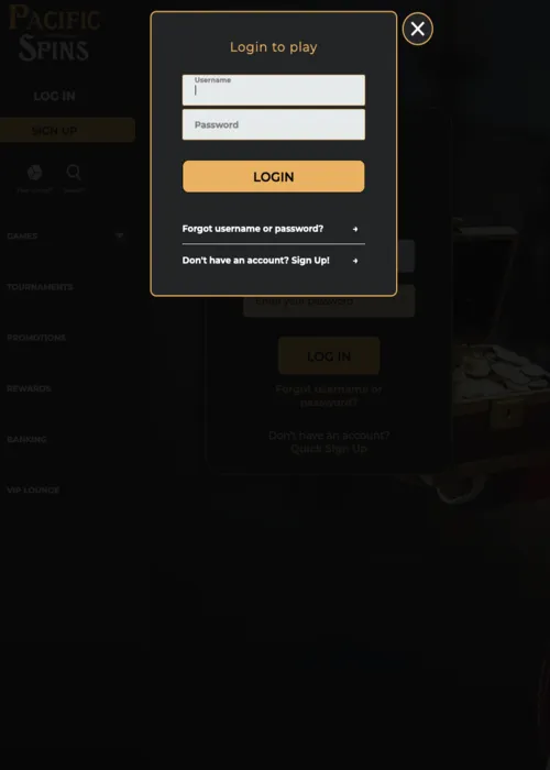 Protected member access gateway Pacific Spins Casino