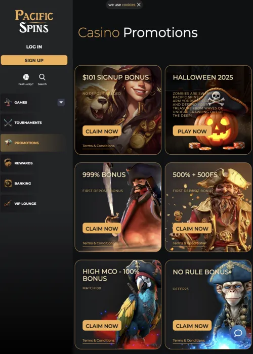 Premium promotions offers page Pacific Spins Casino